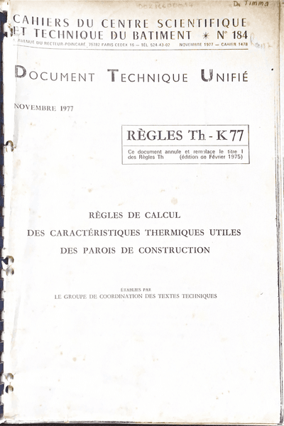 Couverture — Regles de Calcul des caracteristiques thermiques utiles des parois de construction