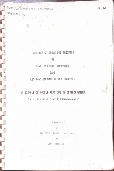 Couverture — Analyse Critique Des Theories de developpement Economique dans les Pays en Voie de Developpement