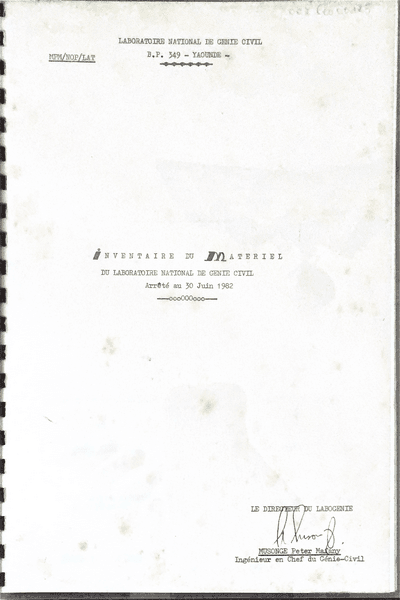 Couverture — Inventaire du Materiel du Laboratoire National de Genie Civil
