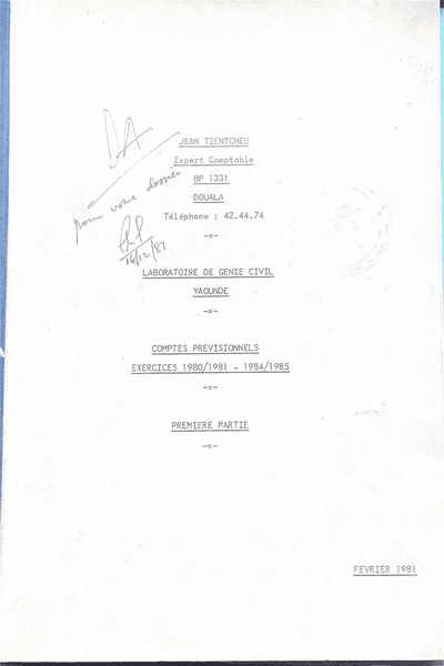 Couverture — Laboratoire de Genie Civil Yaounde, Comptes Previsionnels
