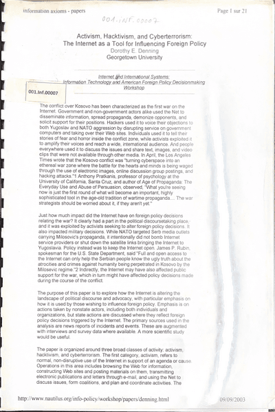 Couverture — Activism, Hacktivism, and Cyberterrorism: The Internet as a Tool for Influencing Foreign Policy