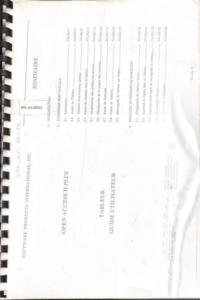 Couverture — Open Access II Plus - Tableur Guide Utilisateur